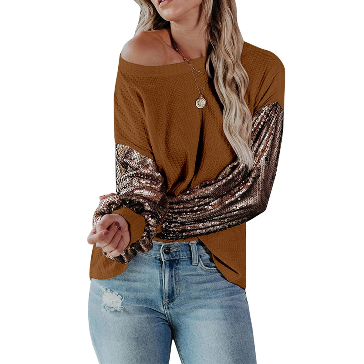 2020 Women’s Sequins Stitching Sweater Loose Long Sequins Sleeve Solid Color Pullover Cardigan Autumn and Winter Jumper T Shirt