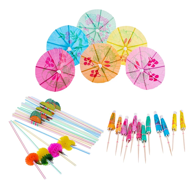 

Cocktail Decoration Party Set, 50 Pieces Multiple Colors Umbrellas Straws and 50 Pieces Mixed Color 3D Fruit Straws, Totally 100