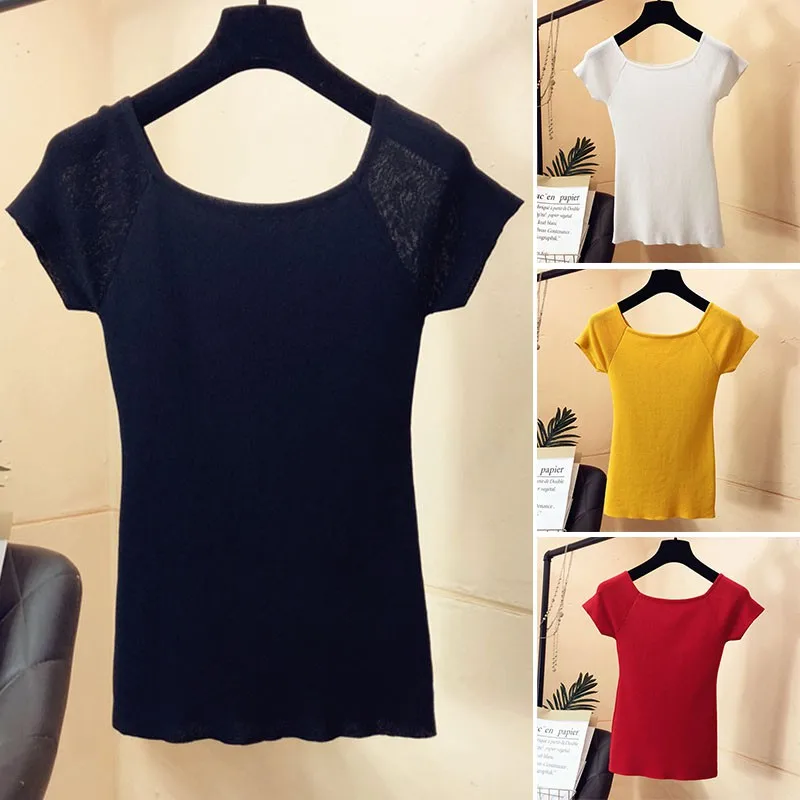 Casual Square Collar Short-sleeved Short Solid Color T-shirt Tops Female Summer Slim Knitted Bottoming Wild T-shirt , 1