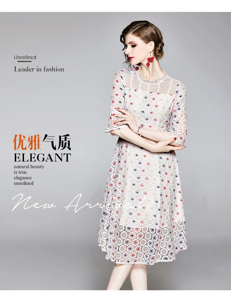 Новое вышитое белое кружевное платье с цветочным рисунком офисное платье, тонкое ТРАПЕЦИЕВИДНОЕ ПЛАТЬЕ длиной до колена, с коротким рукавом и круглым вырезом, Осеннее женское платье Vestidos