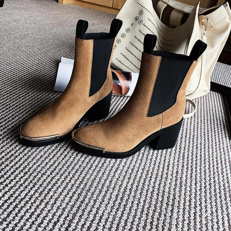 ALLBITEFO/Брендовые женские ботинки из натуральной кожи на толстом каблуке с металлическим носком; Зимние ботильоны для женщин; кожаные ботинки на высоком каблуке