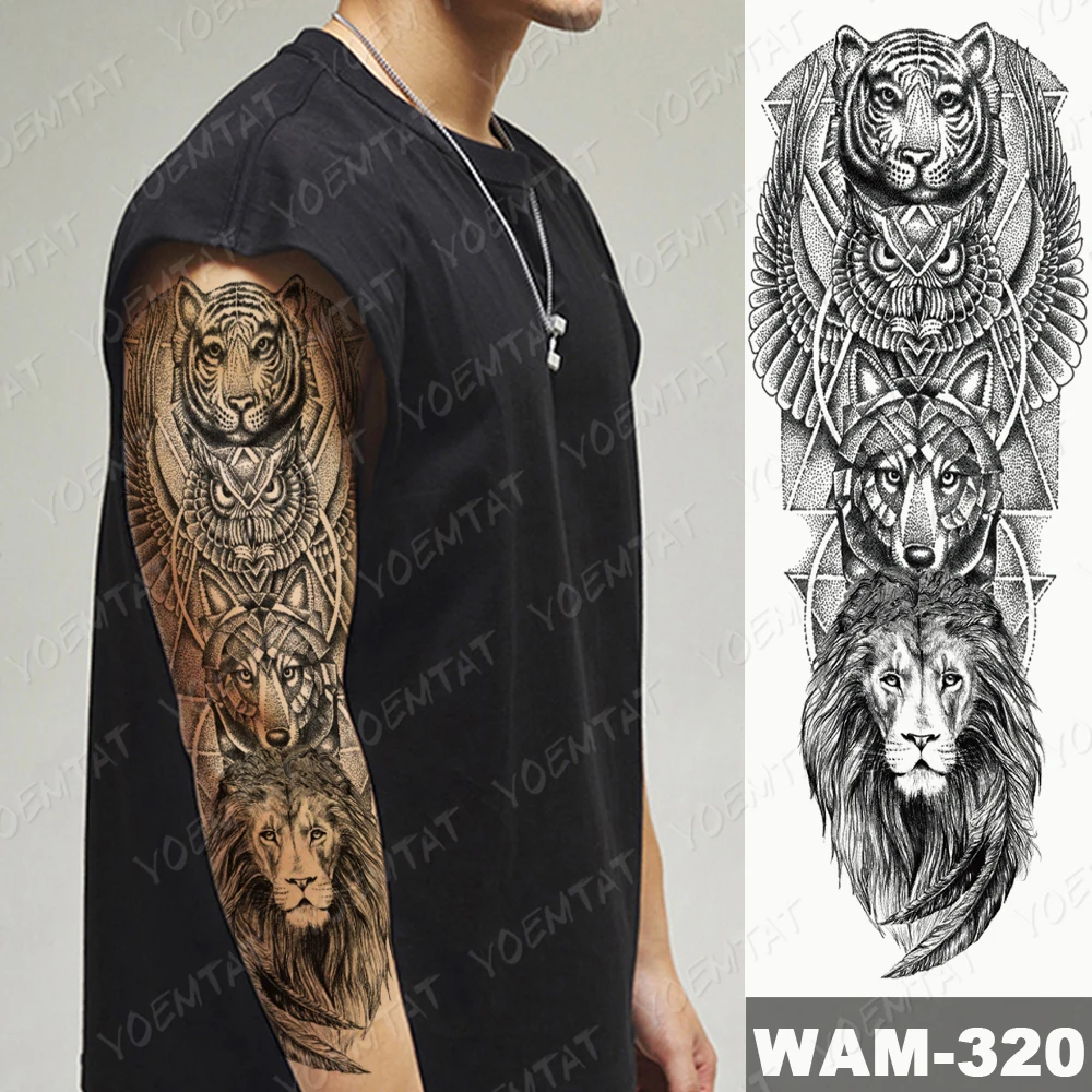 Large Arm Sleeve Tattoo Sculpture Angel Warrior Lion Waterproof Temporary Tatto Sticker Fox Body Art Full Fake Tatoo Women Men