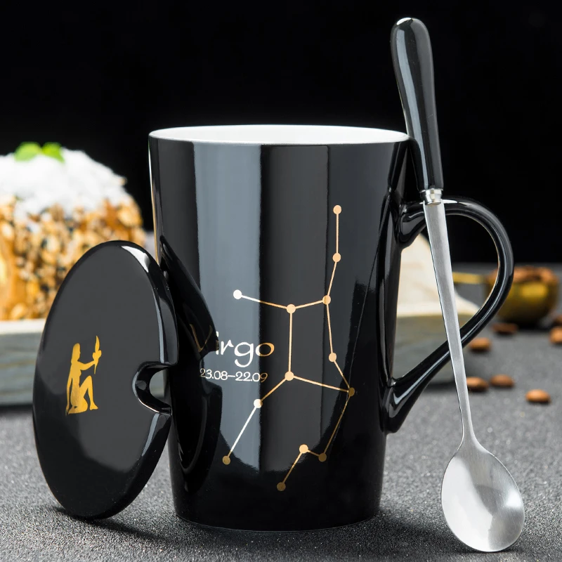 Virgo 12 созвездий креативные керамические кружки с ложкой крышкой черный и Золотой фарфор Зодиак чашка для кофе с молоком 420 мл кружка для воды - Цвет: Virgo