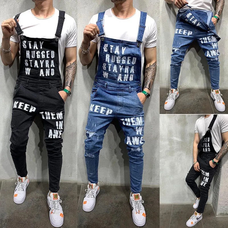 

2020 Men's Fashion alphabet printing Ripped Jeans connection Summer casual High Street Slim Denim Bib Overalls For Man Suspen