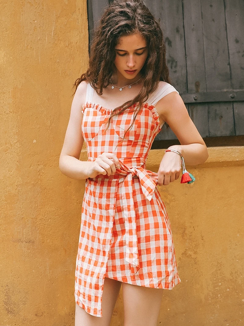 

Original Design AIGYPTOS Summer Women Vintage Mini Dresses Fresh Sweet Cute Plaid Beach Casual Cotton And Linen Short Dresses