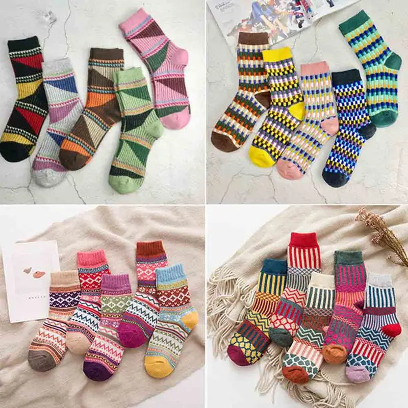 Women Printing Vintage Striped Jacquard Pattern Candy Color Happy Sock Winter Rabbit Hair Wool Thicken Warm Casual Socks 5Pairs