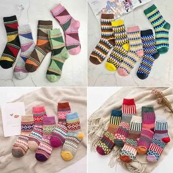 

Women Printing Vintage Striped Jacquard Pattern Candy Color Happy Sock Winter Rabbit Hair Wool Thicken Warm Casual Socks 5Pairs