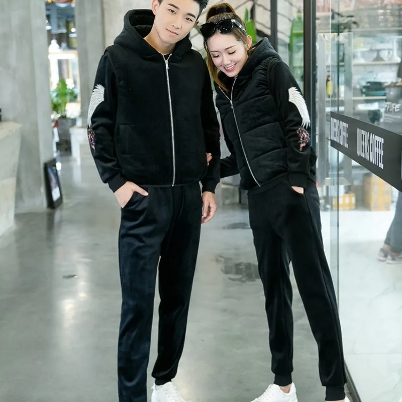 

Couple Embroidery Casual Thick Velvet 3Pcs Outfits Sleeveless Hooded Vests O-Neck Pullover Sweatshirts Drawstring Waist Pants