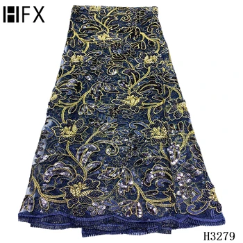 

HFX African Lace Fabric 2020 High Quality beaded Lace, Embroidery navy blue Handmade Beads Lace Fabric for wedding dress H3279