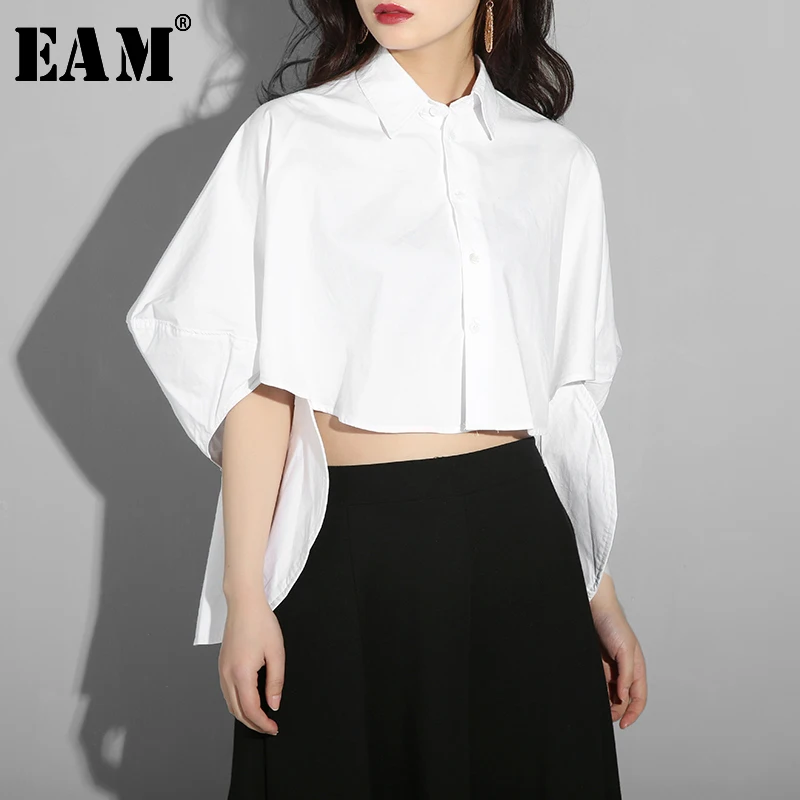 

[EAM] 2019 New Spring Summer Lapel half Sleeve Back Long Three-dimensional Big Size Shirt Women Blouse Fashion Tide JO4680