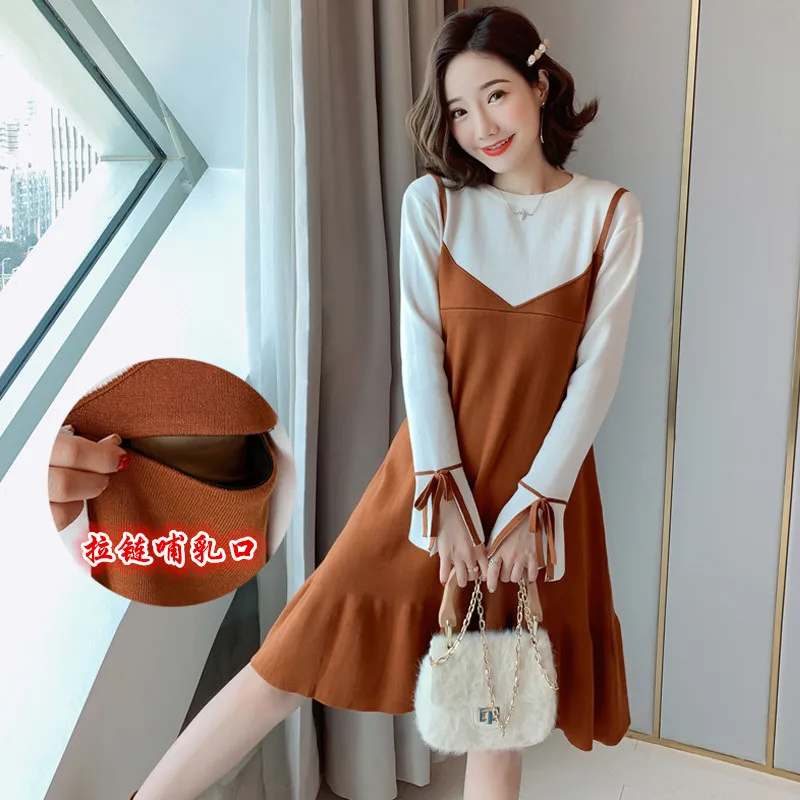 

2019 New Style Nursing Sweater Fake Two-Piece Mixed Colors Jersey Dress Postpartum Slimming Feeding A- line Base Shirt Fashion