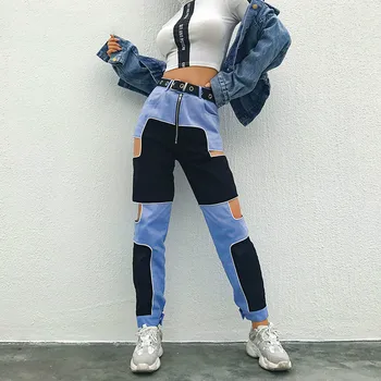 

Hip Hop Cargo Pants Women Hollow Out High Waist Trousers Streetwear Patchwork Sweatpants