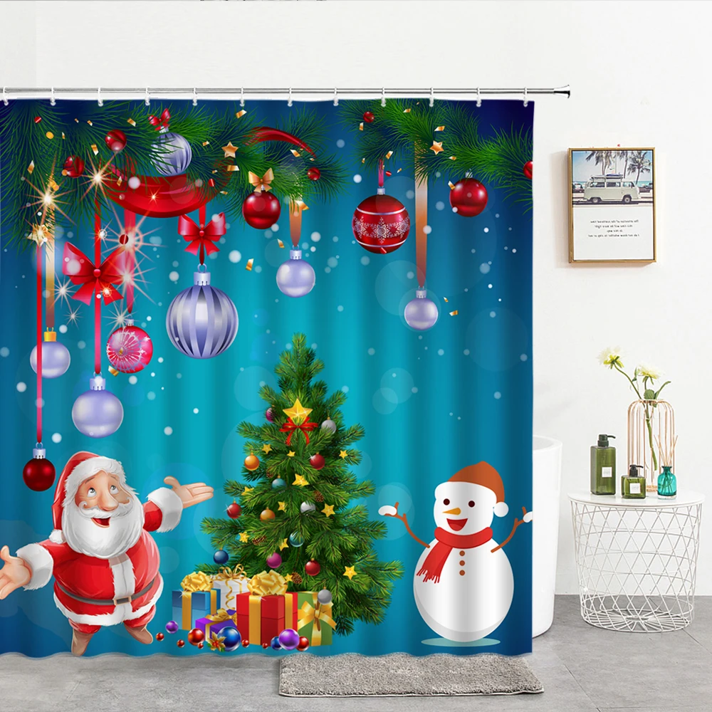 Cute Christmas Santa Claus Shower Curtains New Year Bathroom Curtains