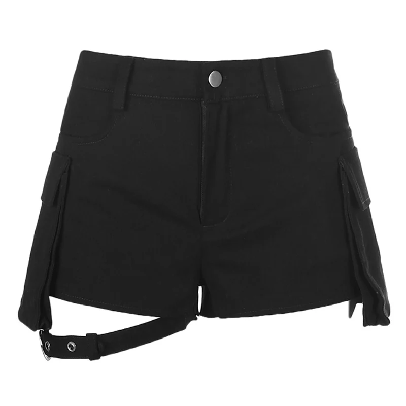 HIGAREDA Punk Black Cargo Shorts Women with Leg Ring Casual Pockets High Waisted Short Pants Ladies Gothic Fashion