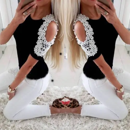 

2XL Plus Size Loose Casual Strapless Women Blouse and Tops Embroidery Beading Short Sleeve Work Wear Shirt