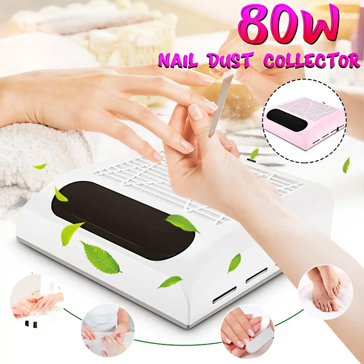 

80W Nail Suction Dust Collector Nails Vacuum Cleaner Manicure Tool Machine Low Noisy Good Heat Dissipation White Pink ABS