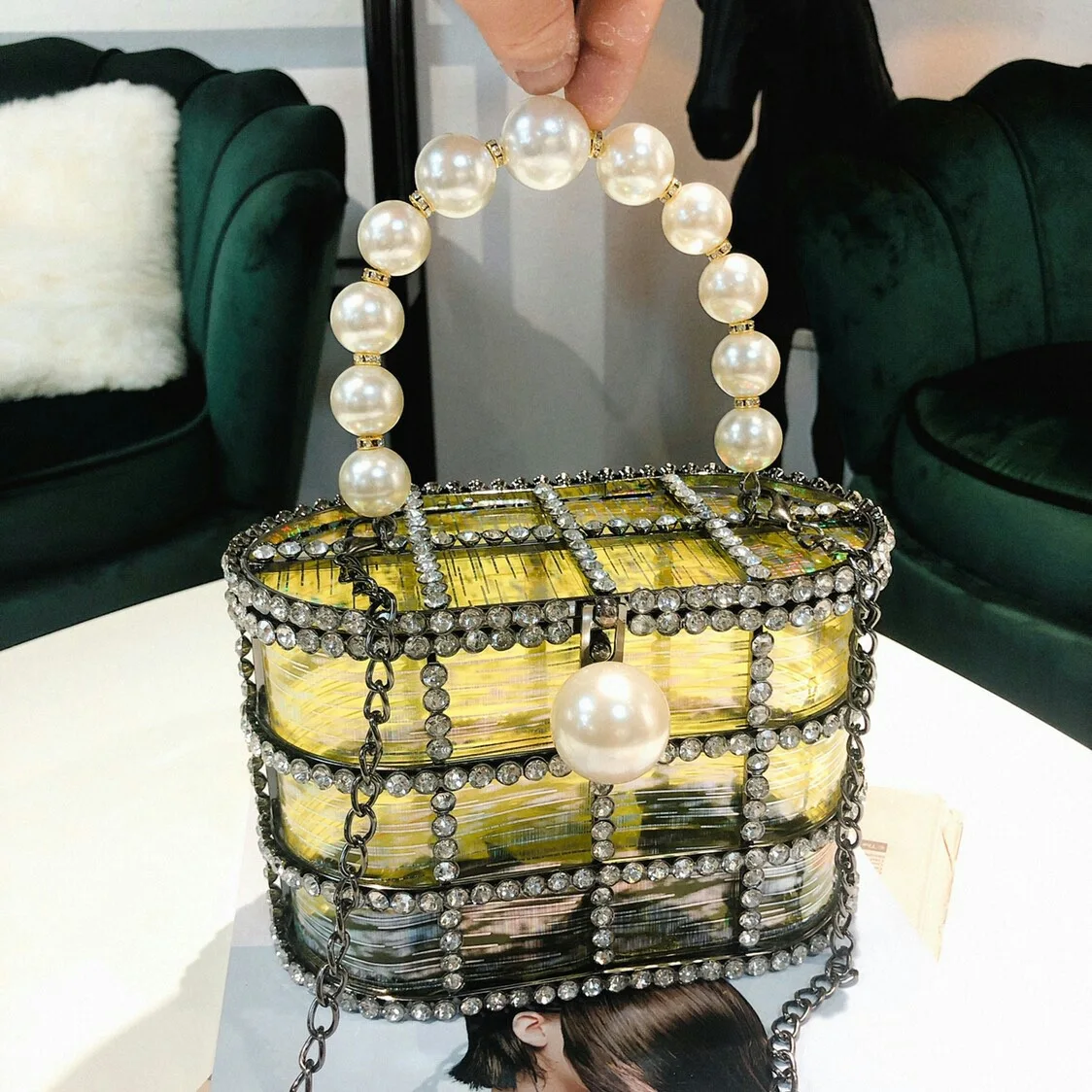 

Ladies Handbags Female Shoulder Women Crossbody Bags pearl Vintage Metal Hollow Out Diamond Banquet Wedding Clutch Cage