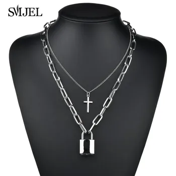 

Multilayers Punk Big Chain Cross Necklace Couple Fashion Hip Hop Geometric Metal Lock Pendant Necklaces Women Men Lock Necklace
