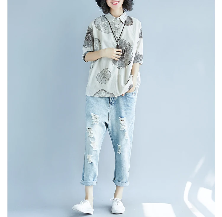 Summer New Style Literature And Art Large Size Dress Fat Mm Cardigan Fold-down Collar Printed Versatile Half-sleeve Shirt W