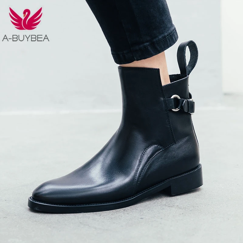 

Genuine Leather Ankle Boots for Women Slip-on Low Heels Women Boots Fashion Buckle Ladies Chelsea BootsWinter Women Shoes