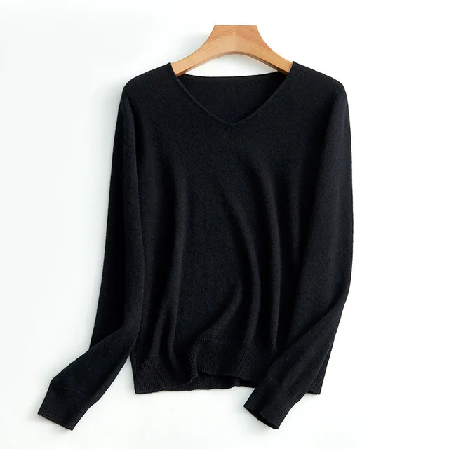SuyaDream Women Sweaters High Quality 100%Cashmere Basic V neck Pullovers 2021 Fall Winter Simple Chic Knit Wear black