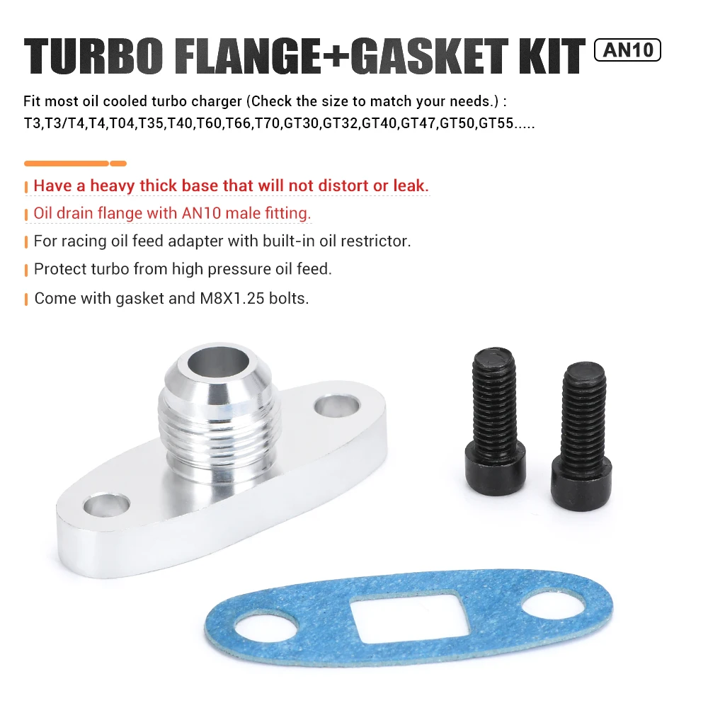 PQY-Turbo Oil Drain Flange 10AN GT40 GT42 GT45 GT47 GT55 T3/T4 T3 T4 ODF-01 silver PQY-OFG33 turbocharger parts turbo flange adapter kit
