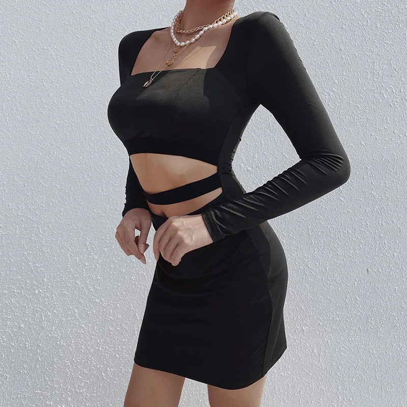 NewAsia Garden Black Party Dress Women Square Collar Long Sleeve Elastic Slim Fit Bodycon Dress Waist Cut Out Sexy Dress White