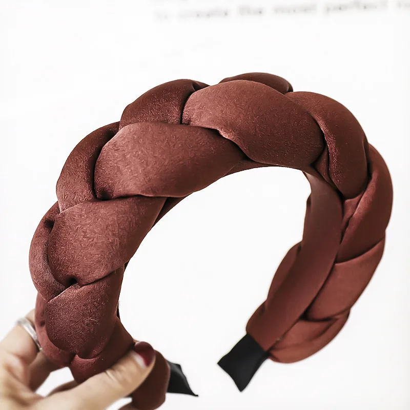 wine red CN Девушка атласная коса твист повязки для волос Элегантные Твердые утолщаются повязки для девочек женщин на каждый день широкая повязка аксессуары для волос - Цвет: wine red