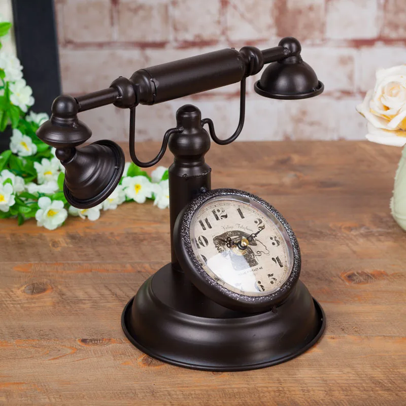 

Retro Vintage Telephone Table Clock Creative Bar Cafe Decoration Home Clock Clothing Shop Window Model Decoration Table Watch WF