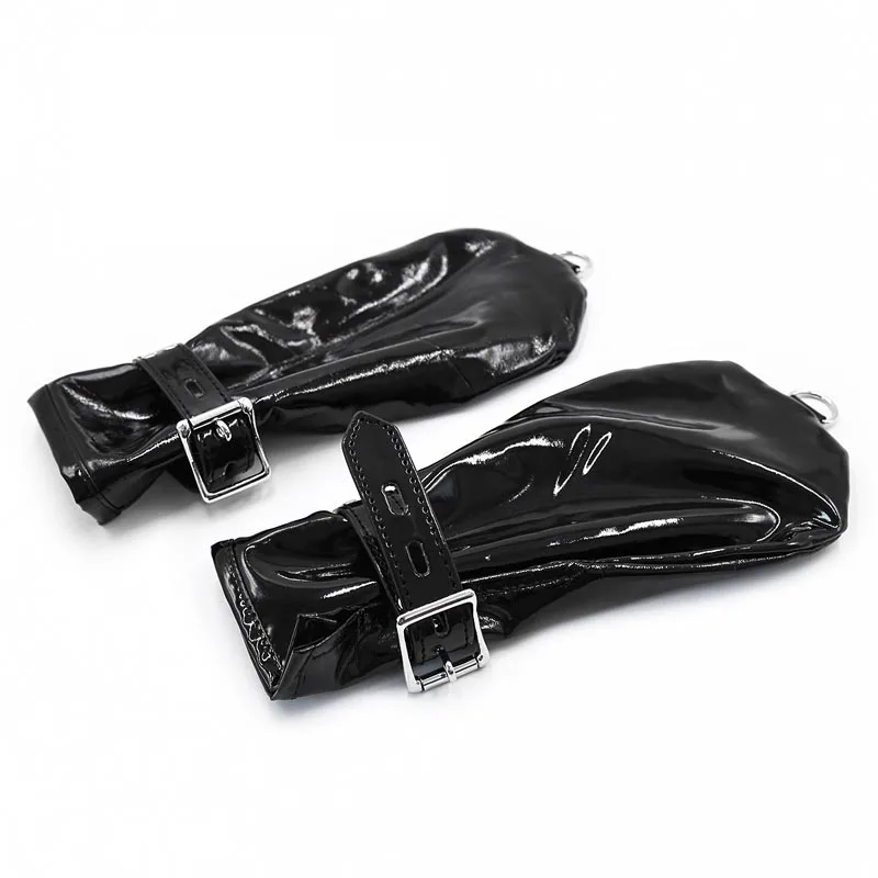 Patent Leather Black Мягкие искусственная кожа полуперчатки на кулак перчатки без пальцев с замками и D кольцами ручной удерживающий рукавица Pet Ролевой костюм фетиш - Цвет: Patent Leather Black