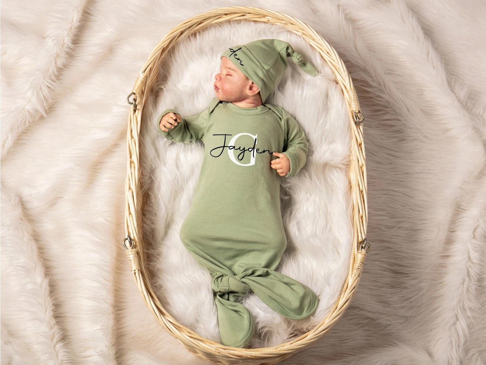 Monogrammed Baby Boy Coming Home Outfit Personalized Newborn Knotted Sleeper Baby Shower Gift Take Home Outfit Baby Boy Hat Set