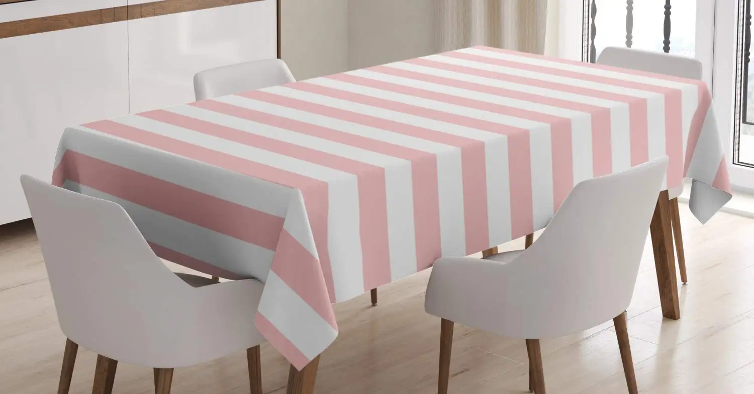 

Blush Tablecloth Retro Style Pastel Colored Pink Stripes on White Vintage Geometric Design Table Cover Room Kitchen Decor