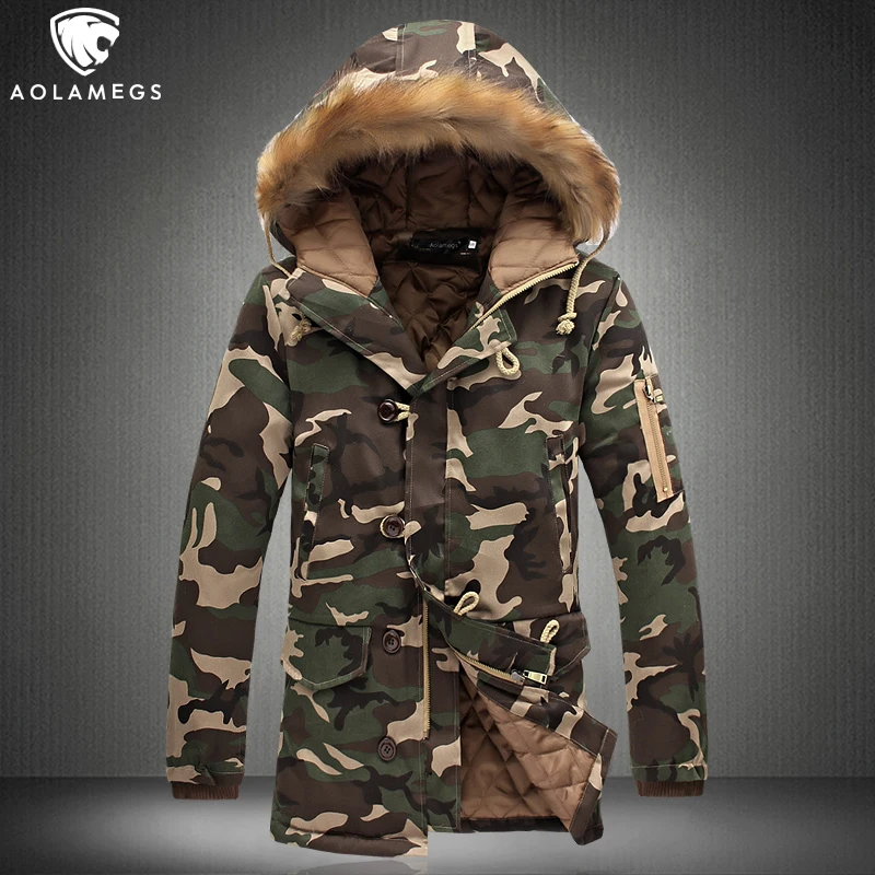 

Aolamegs Camouflage Parkas Winter Jacket Men Military Style Medium-long Hooded Winter Coat Cotton-Padded Warm Jackets Plus Size