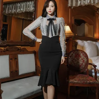 

Korean 2020 Spring fashion Office OL 2 Pieces Set Women Sexy Lace See Through Blouses & High Waist Bodycon mermaid Skirt Set