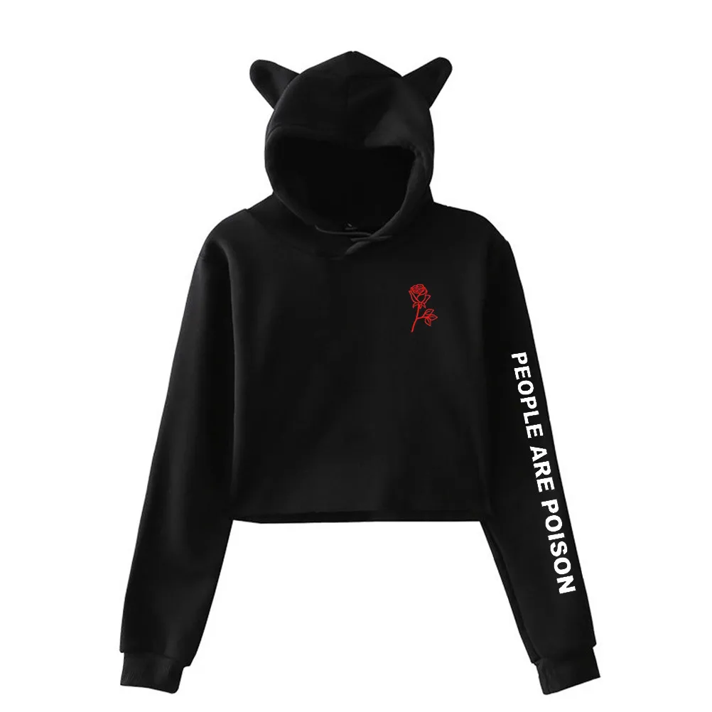 Women'S Cute Cat Ears Hat Rose Pattern Print Crop Top Hoodie Sweatshirt Womens Hoodies Pullover  Winter Womens Long Sleeve Tops