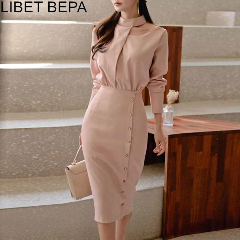 Новинка 2021 Осеннее женское платье официальная Женская водолазка с вырезами