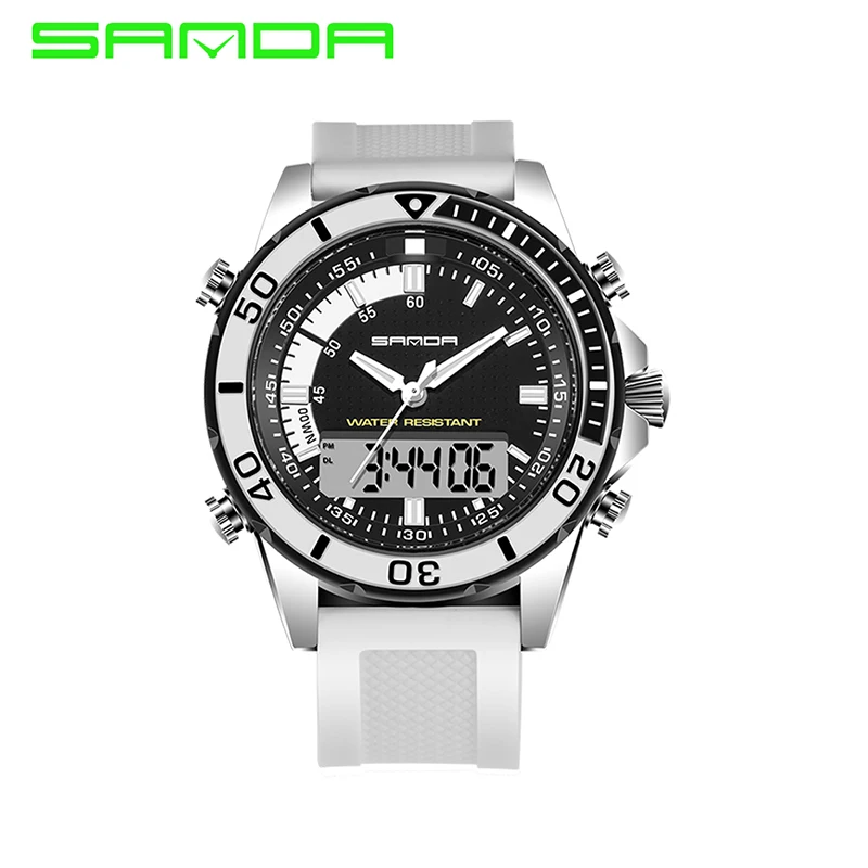 SANDA, мужские кварцевые часы, для спорта на открытом воздухе, водонепроницаемые, двойной ход, для мужчин, t, светодиодный, ударопрочный, хронограф, секундомер, мужские цифровые часы - Цвет: White