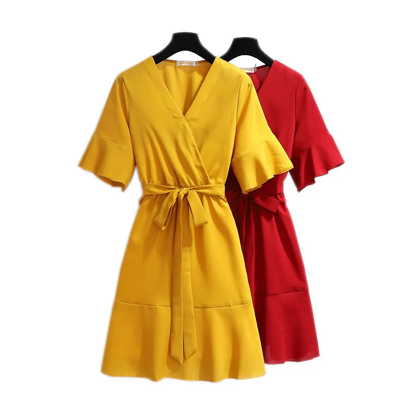 

Women 6xl Large Size Pure Color Dress Summer Puff Sleeve Red Yellow Slimming Chiffon Dress for Party Work Date