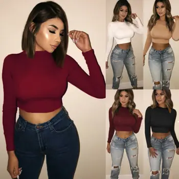 

Womens Fashion Crop Top Ladies Long Sleeve Scoop Crew Neck Ladies Bralet Solid Color T-shirt