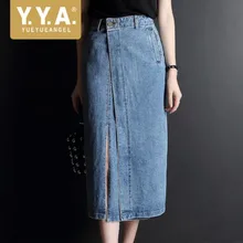 Новые элегантные офисные женские джинсовые юбки уличная летняя Высокая талия облегающая юбка миди юбки женские большие размеры 3XL синий