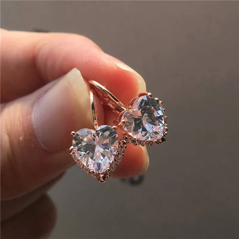 Rose Gold White Милые женские маленькие серьги в форме сердца, 925 пробы серебряные серьги-клипсы для женщин, Кристальные белые зеленые желтые фиолетовые серьги - Окраска металла: Rose Gold White