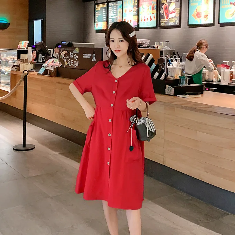 

Pregnant Women Summer Wear Dress Mid-length 2019 New Style Maternity Top Loose And Plus-sized Fashion Models Shirt Dress V-neck