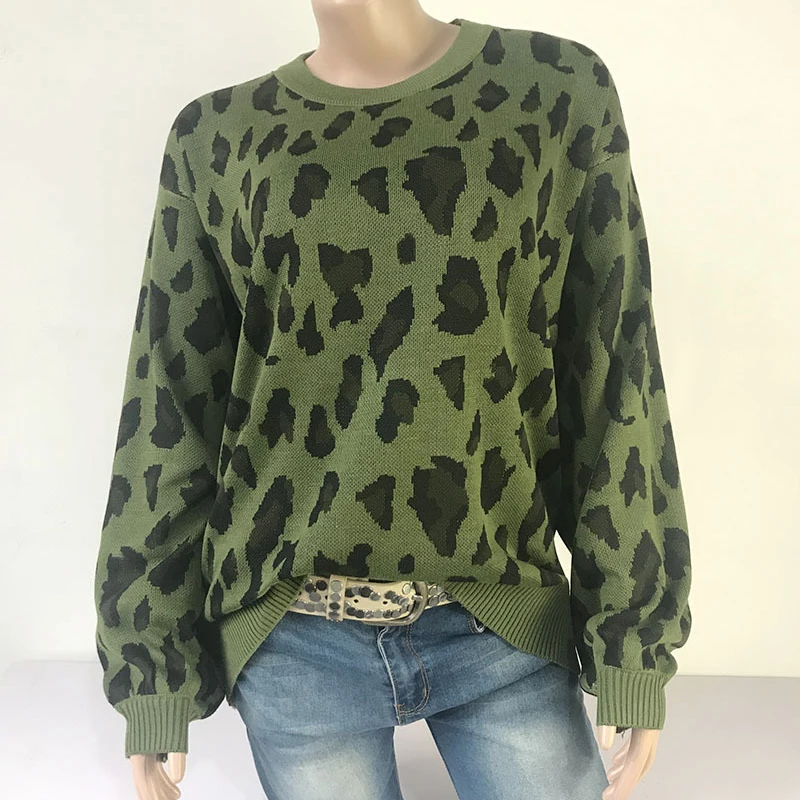 Lossky Women Fall Sweaters Fashion Leopard Jacquard Lantern Sleeve Pull Femme Pullover Tops Yellow Autumn Winter Clothes