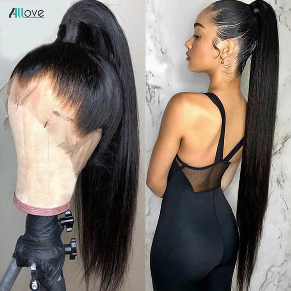 Allove-Peluca de encaje Frontal para mujer Peluca de cabello humano con malla Frontal de encaje Frontal de 13x6x1, peluca recta con parte de encaje malayo 360, 180%