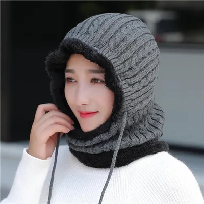 Seioum Woman Skullies Beanies Riding Windproof Mask Ear Protect Balaclava Winter Hats For Women Thick Warm Knitted Cap - Цвет: gray