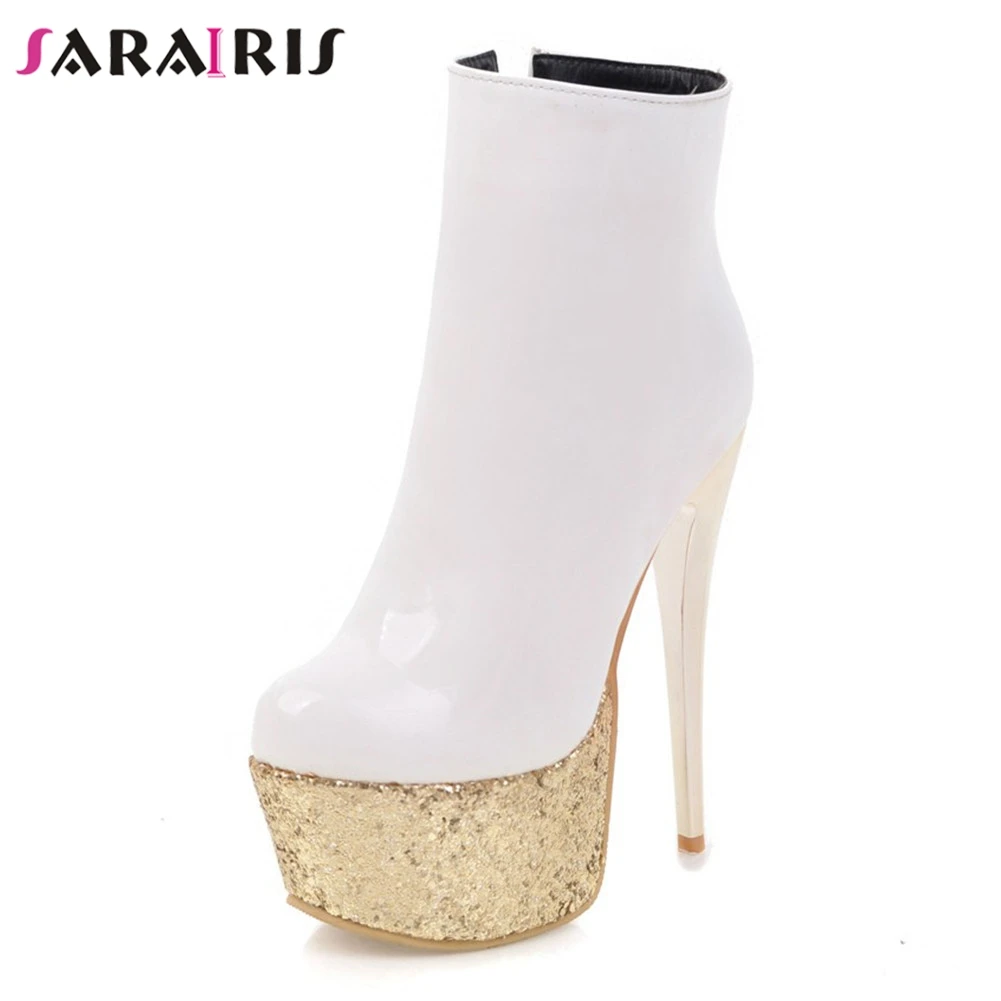 

SARAIRIS New Spring Female Cool Patent PU Ankle Boots 2020 High Platform Boots Women Fashion Party Super High Heels Shoes Woman