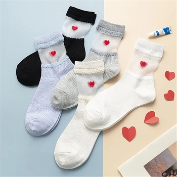 

Cute Love Transparent Women Socks Comfortable Sexy Heart Pattern Cotton Bottom Fashion Socks Soft White Socks Summer