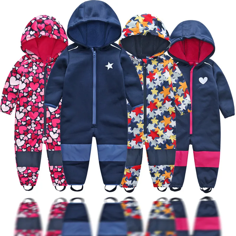  Children's soft shell plus velvet integrated windproof and rainproof jumpsuit Children's waterproof jumpsuit, warm jumpsuit, 
