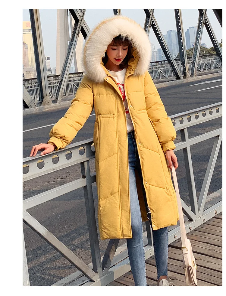 Heydress зима с капюшоном женское повседневное пуховое пальто Дамский меховой воротник молнии длинное пуховое пальто женский теплый soild пуховик