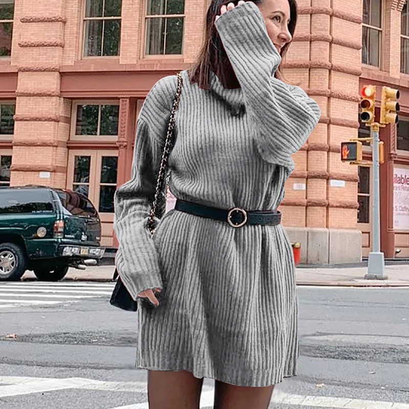 Elsvios Casual Rib Knitted Sweater Dress Winter Warm Turtleneck Mini Dress Women Autumn Long Sleeve Pullover Party Dress Vestido